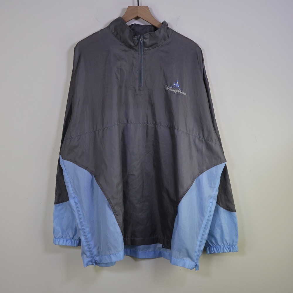 Vintage Y2K Disney Parks Castle Logo Windbreaker XL/XXL Grey Blue Quarter Zip